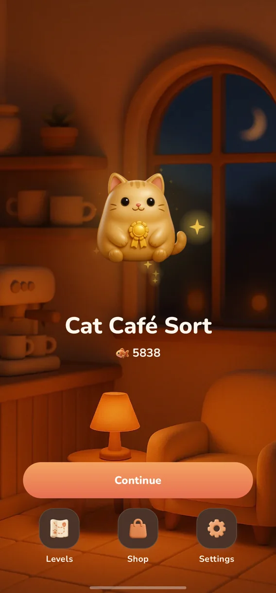 The café at night — the home screen lit by a lamp