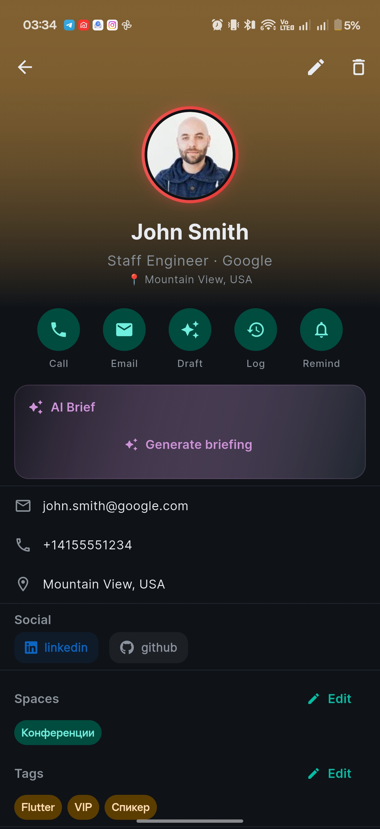 Contact detail with AI Brief