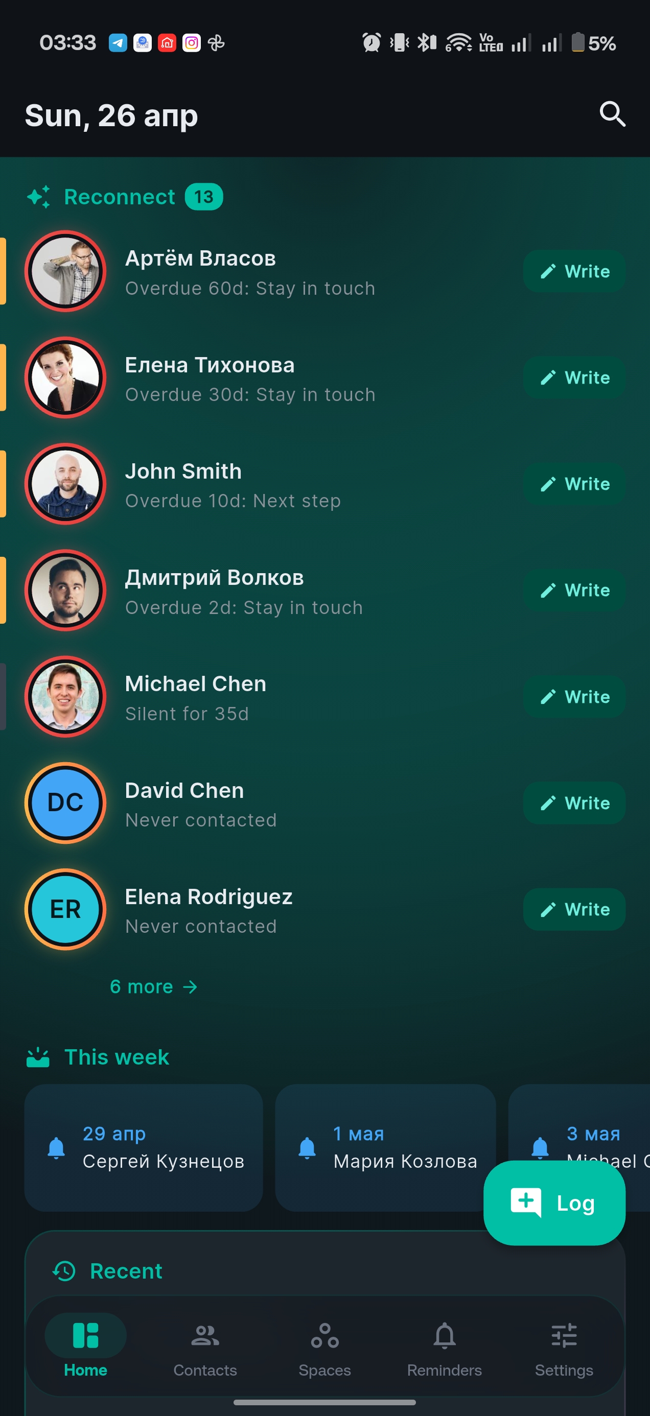 Koru dashboard with Reconnect, Upcoming, Today timeline