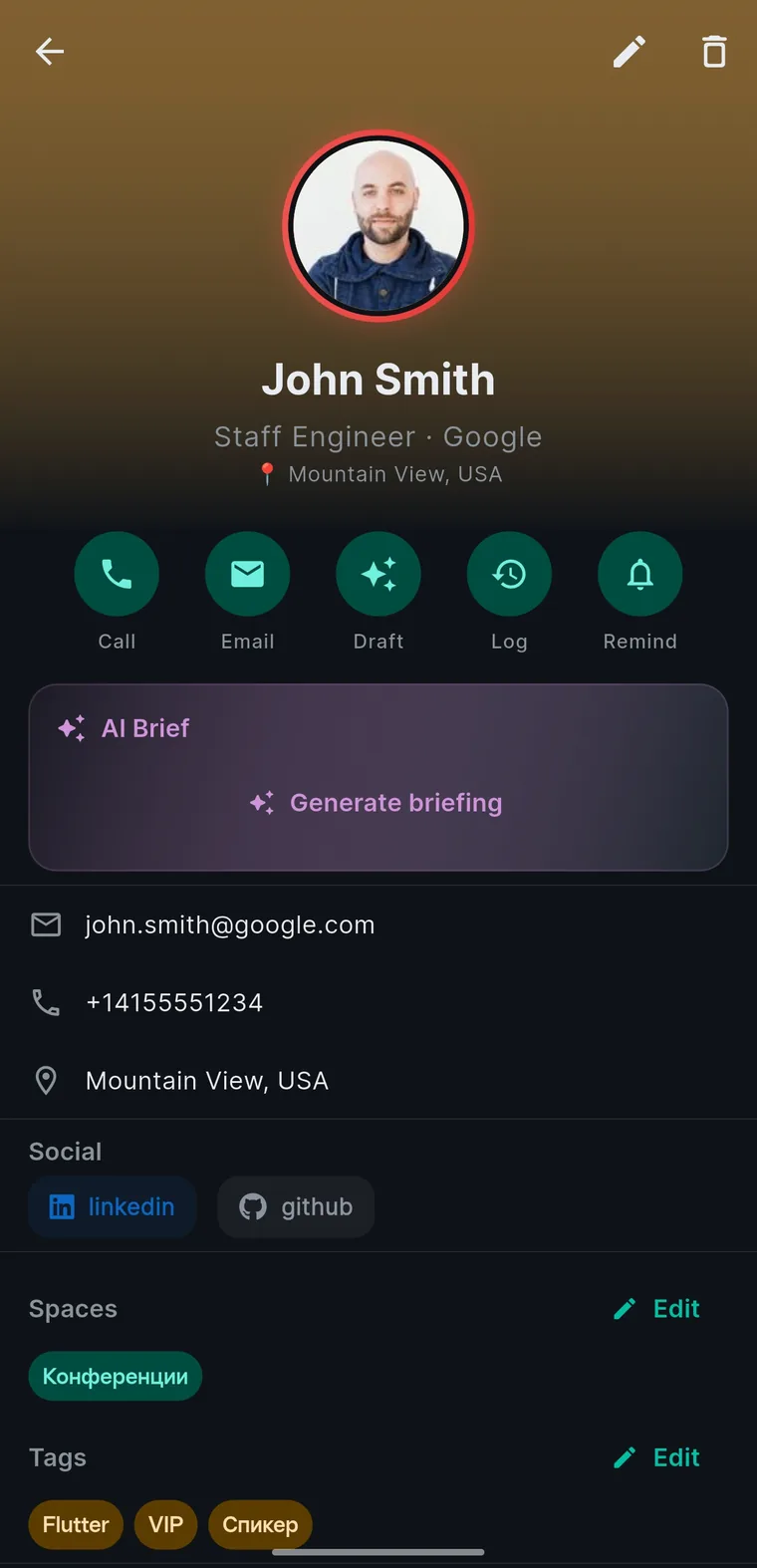 A contact in Koru with call, email, draft, log and remind actions and an AI Brief card