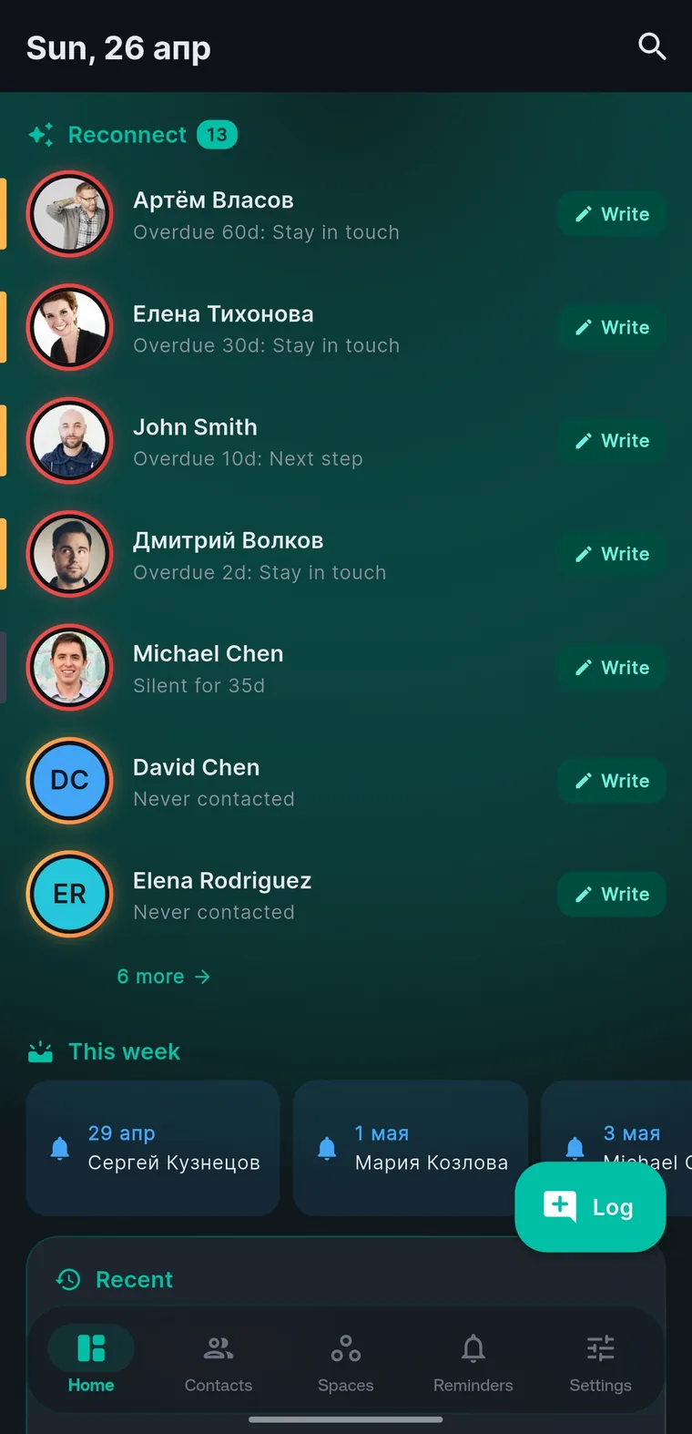 Koru home screen: the Reconnect list, each row an avatar in its ring with a Write button