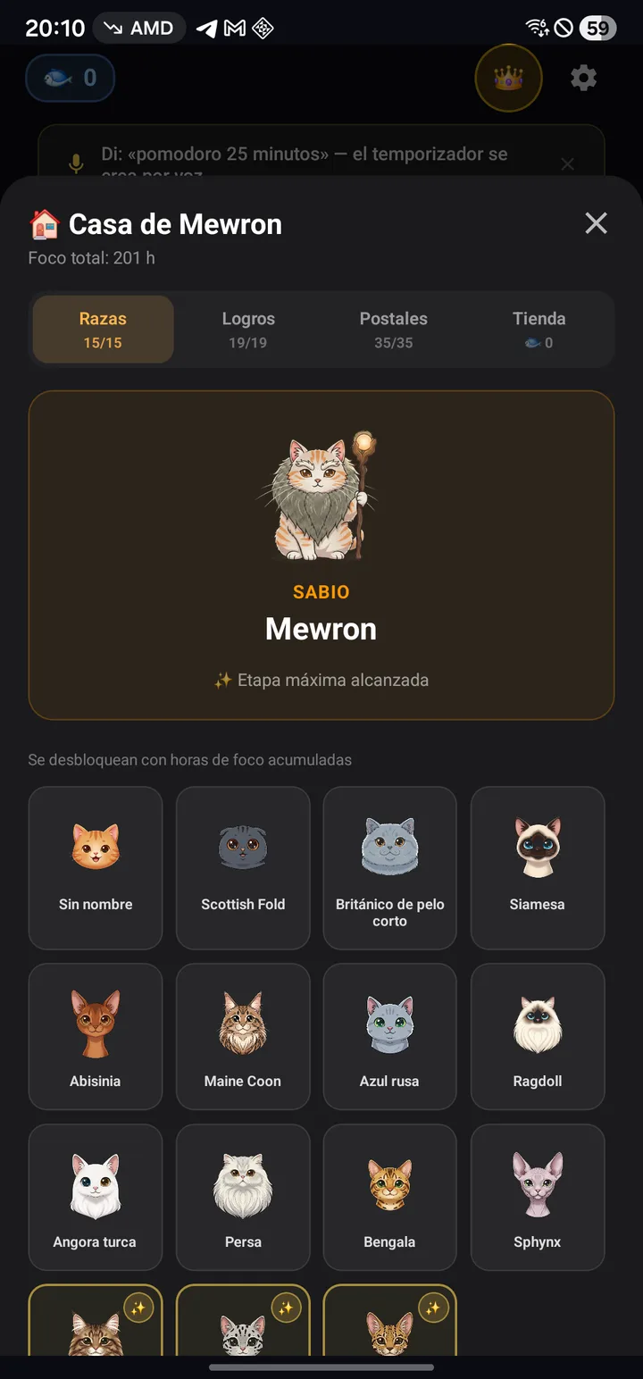 Pantalla de la Casa de Gatos con 15 razas desbloqueadas y Mewron en su etapa sabia