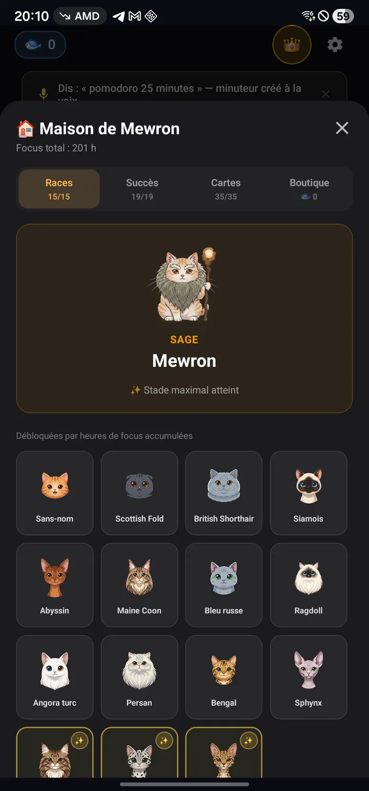 Maison des chats — 15 races débloquées et Mewron au stade sage
