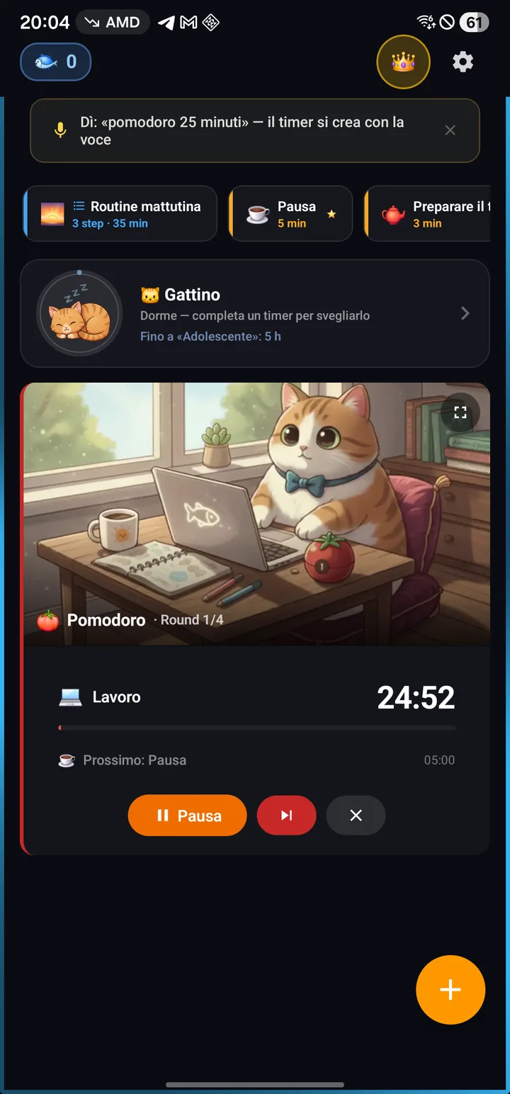 Scenario Pomodoro attivo, round 1 di 4, 24:57 rimanenti