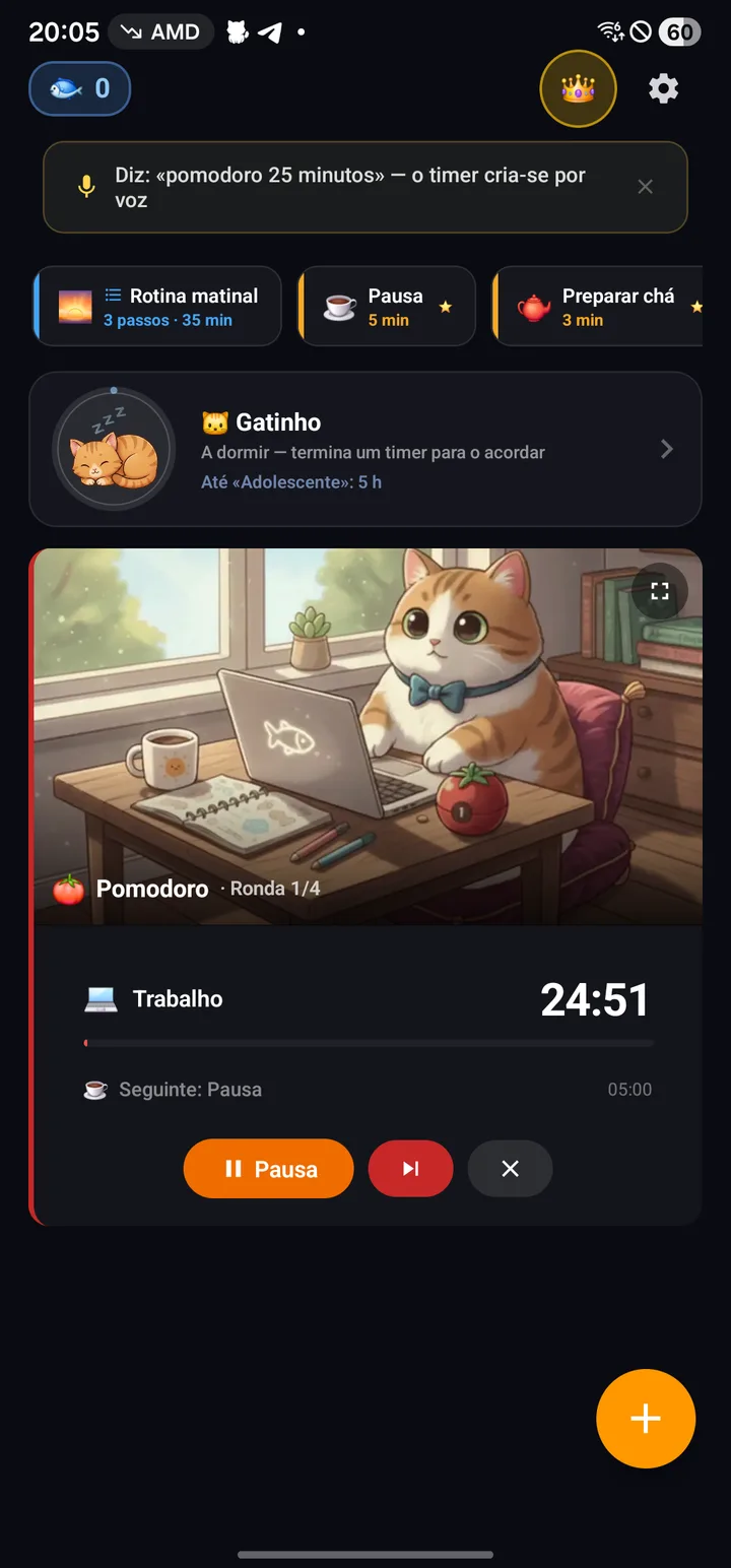 Cenário Pomodoro ativo, ronda 1 de 4, faltam 24:57